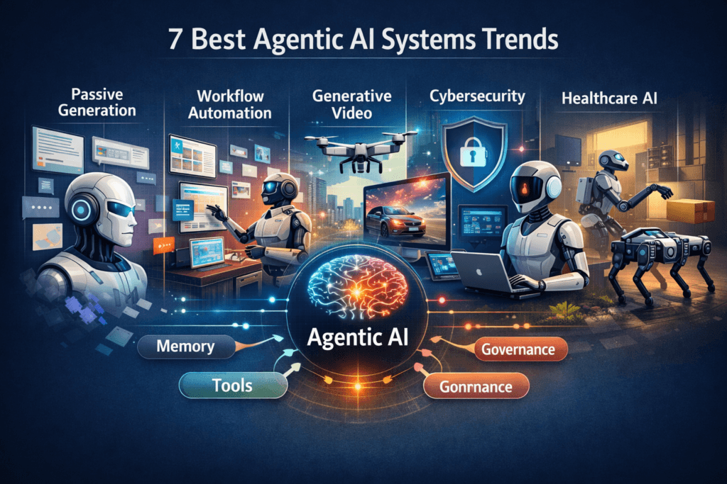 Illustration of agentic AI systems moving from passive generation to active workflows, video, cybersecurity, healthcare, and physical environments.