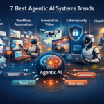 Illustration of agentic AI systems moving from passive generation to active workflows, video, cybersecurity, healthcare, and physical environments.