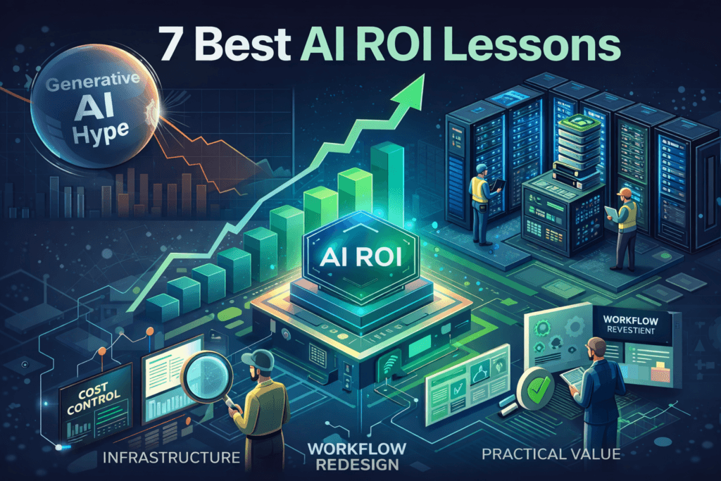 Illustration showing AI ROI and the shift from AI hype to practical business value, infrastructure, and workflow redesign.
