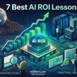 Illustration showing AI ROI and the shift from AI hype to practical business value, infrastructure, and workflow redesign.
