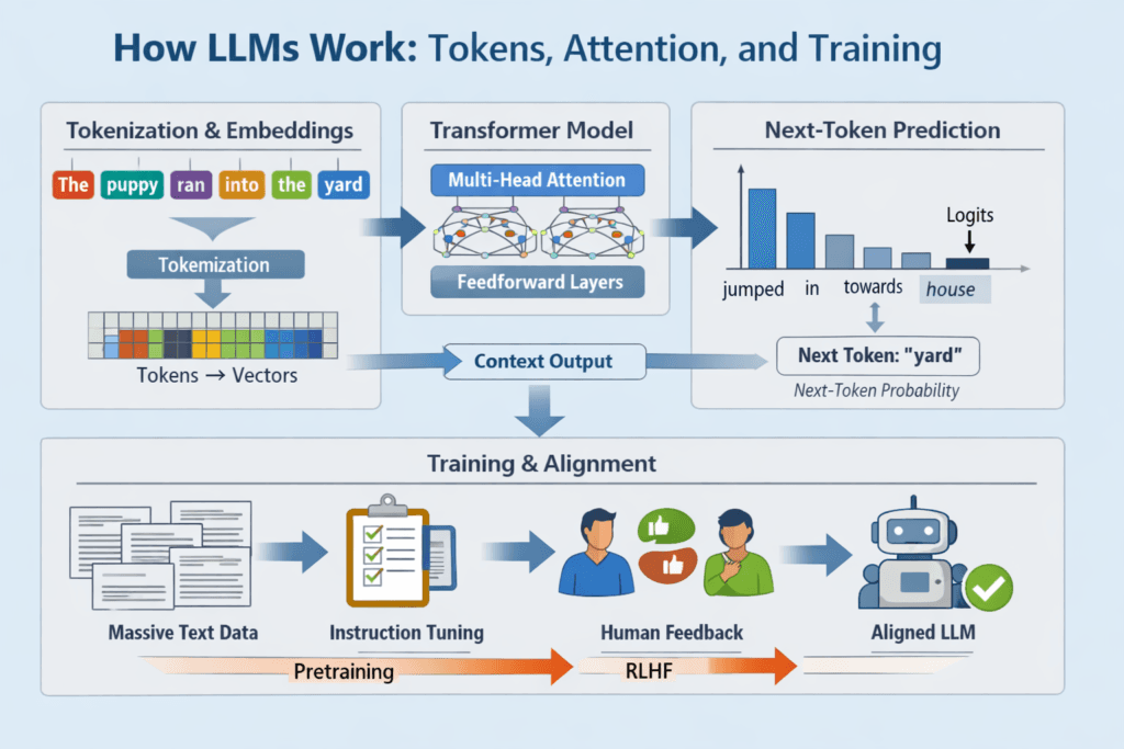 How LLMs Work: The Definitive, Surprising Truth 1 Diagram explaining how LLMs work from tokens and embeddings to attention, training, and next-token prediction