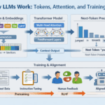 Diagram explaining how LLMs work from tokens and embeddings to attention, training, and next-token prediction
