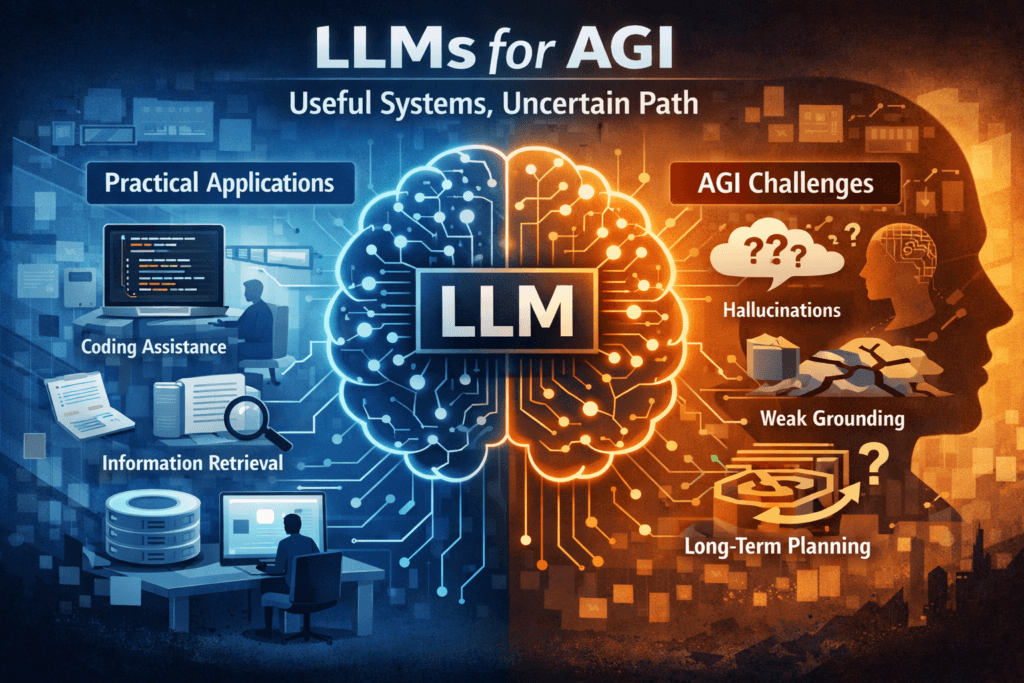 Concept illustration for LLMs for AGI showing a large language model between practical business use cases and the limits of general intelligence