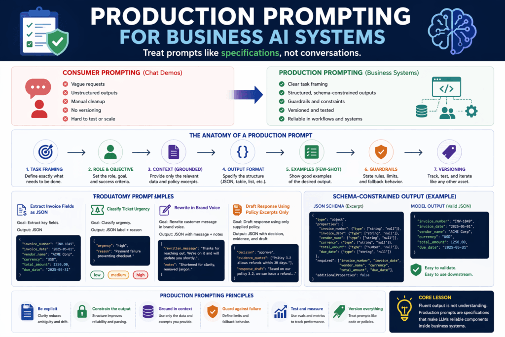 Diagram of production prompting for business AI with schema-constrained outputs and guardrails