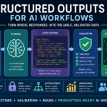 Structured outputs for AI workflows shown as JSON Schema, validation checks, and business system routing