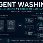Agent washing illustrated as a business workflow diagram comparing real AI agents with rebranded automation.
