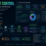 AI cost control dashboard showing tokens, latency, routing, caching, batching, and production workflow cost metrics