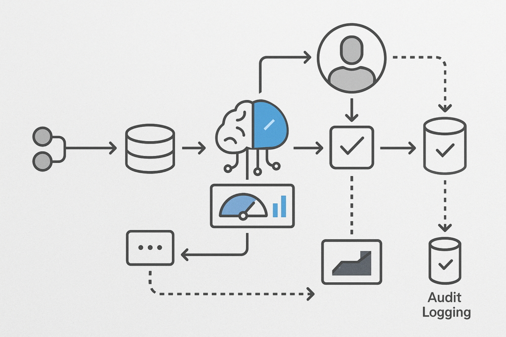 Diagram of AI decision support workflow with approval gates and confidence thresholds
