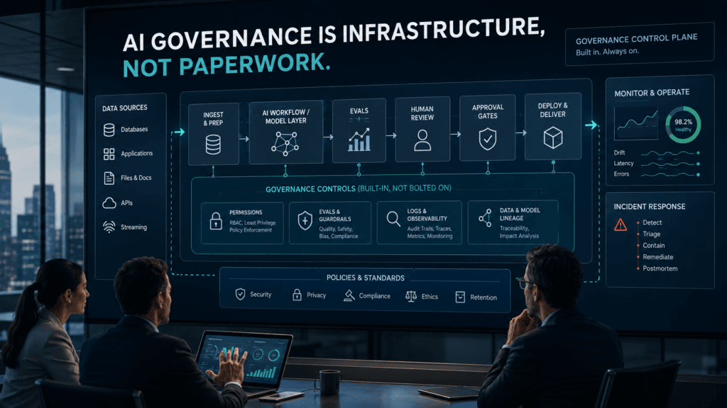 AI governance control plane showing workflow permissions, evaluation, logging, human review, and incident response across a business system