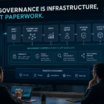 AI governance control plane showing workflow permissions, evaluation, logging, human review, and incident response across a business system