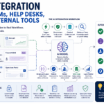 AI integration workflow connecting CRMs, helpdesks, internal tools, APIs, structured outputs, review queues, and audit logs