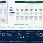 AI pilot trap visual showing a business workflow map moving from demo to governed operating system with review, metrics, and integration points