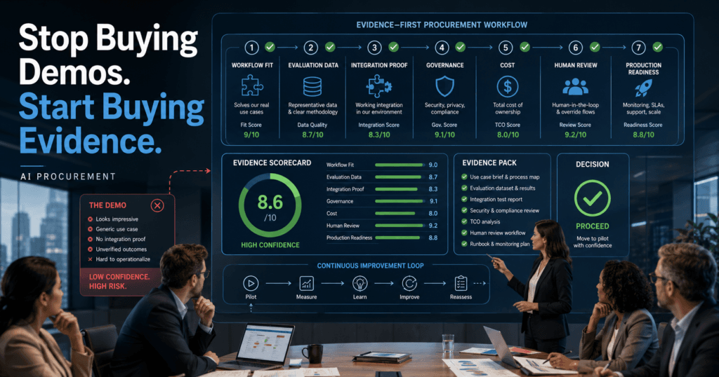 AI procurement evidence review board comparing vendor demos against workflow tests, governance checks, cost metrics, and integration proof