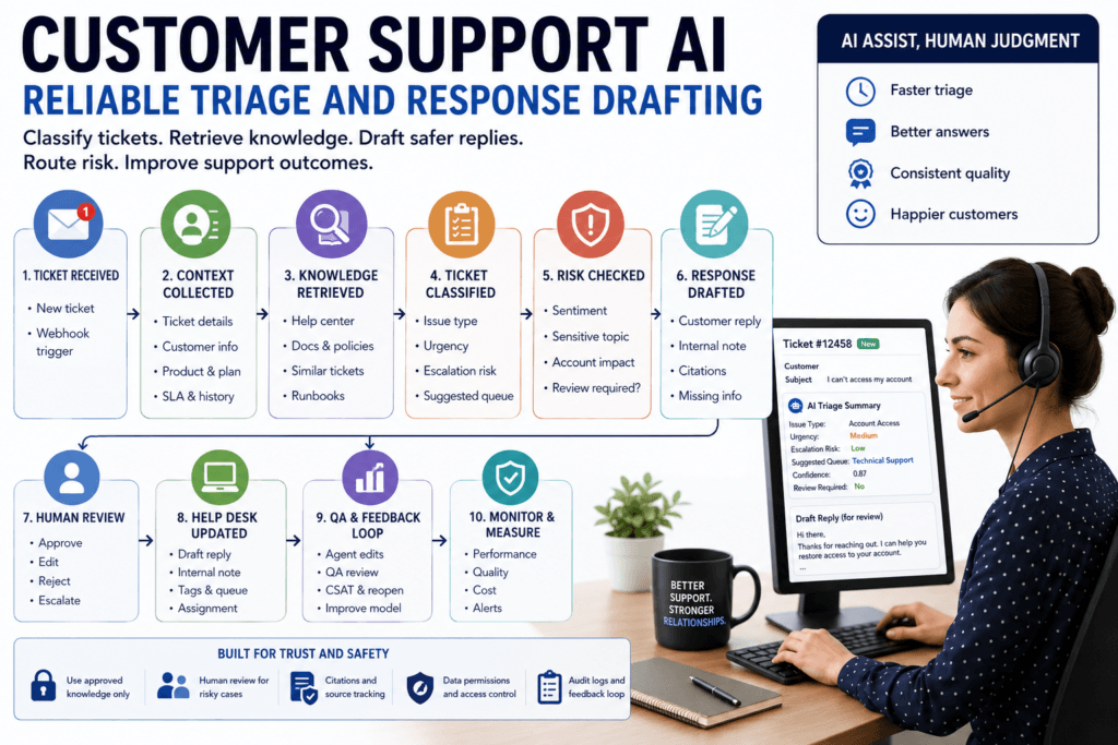Customer support AI workflow showing ticket triage, knowledge retrieval, response drafting, human review, routing, QA, and audit logging