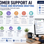 Customer support AI workflow showing ticket triage, knowledge retrieval, response drafting, human review, routing, QA, and audit logging