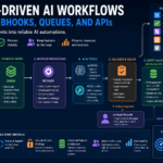 Event-driven AI workflows diagram showing webhooks, queues, APIs, workers, structured outputs, human review, and audit logs