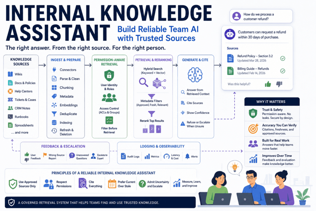 Internal knowledge assistant architecture showing governed sources, RAG retrieval, permissions, citations, feedback, and evaluation