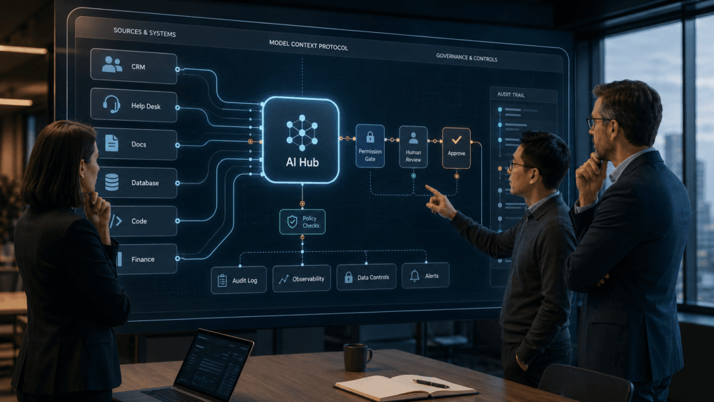 Model Context Protocol connector architecture showing AI systems linked to business workflows, approval gates, data sources, and audit logs.