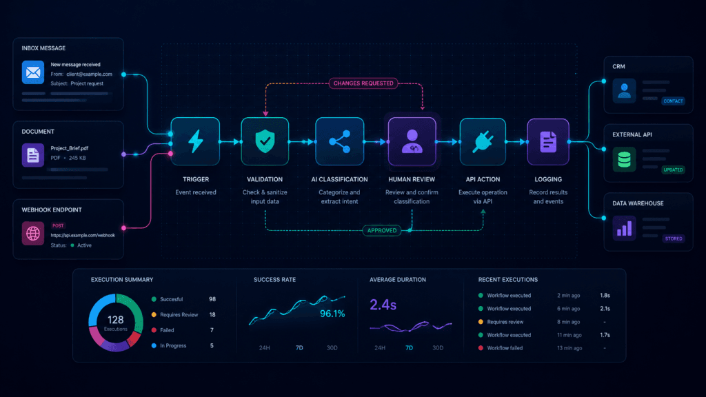 Dark workflow canvas showing n8n workflow automation with trigger, AI decision, human review, API action, and logging nodes.
