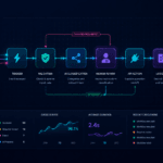 Dark workflow canvas showing n8n workflow automation with trigger, AI decision, human review, API action, and logging nodes.