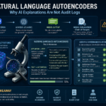 Natural language autoencoders shown as an AI audit workflow with hidden activations, readable explanations, validation checks, and human review.