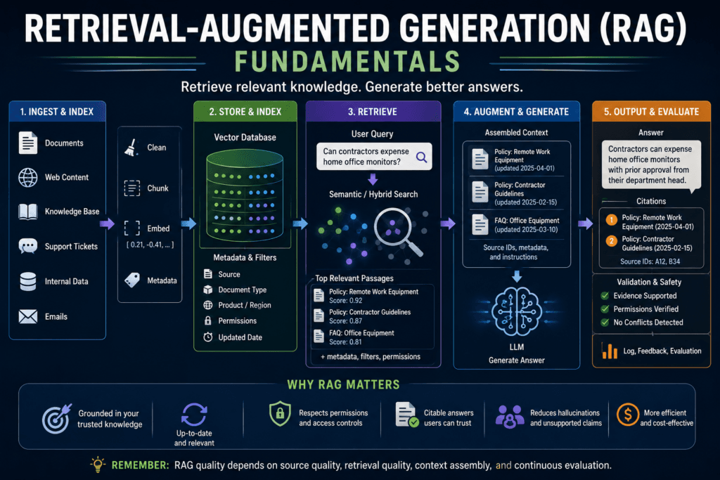 retrieval-augmented generation workflow showing retrieval, context assembly, generation, citations, and evaluation