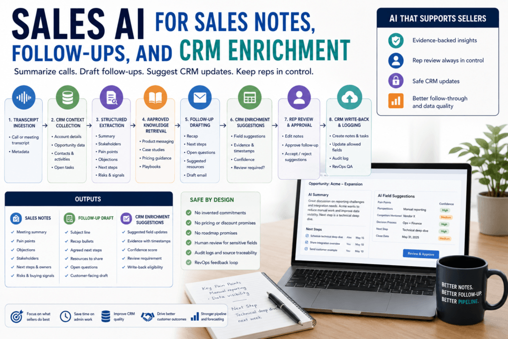 Sales AI workflow showing call summaries, follow-up drafting, CRM enrichment, rep review, field suggestions, and audit logging