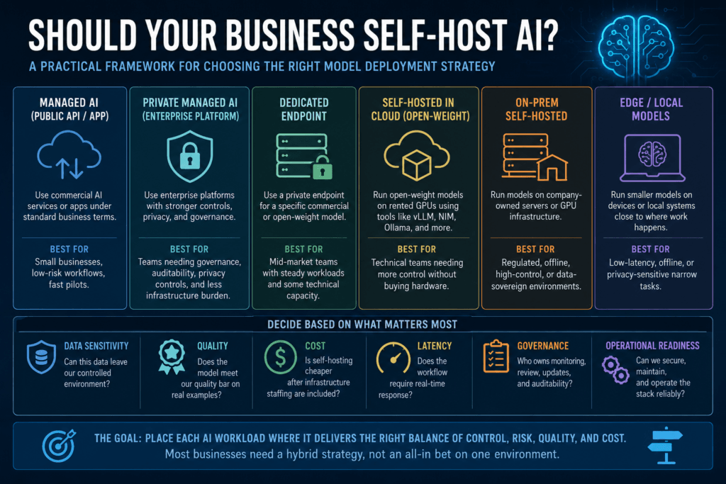 Self-host AI decision framework showing cloud, private, local, and hybrid model deployment options for business workflows
