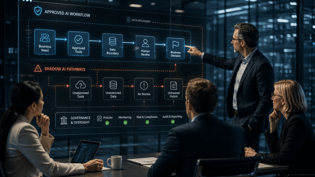A business workflow map showing shadow AI risk paths, approved AI tools, data boundaries, and human review checkpoints.
