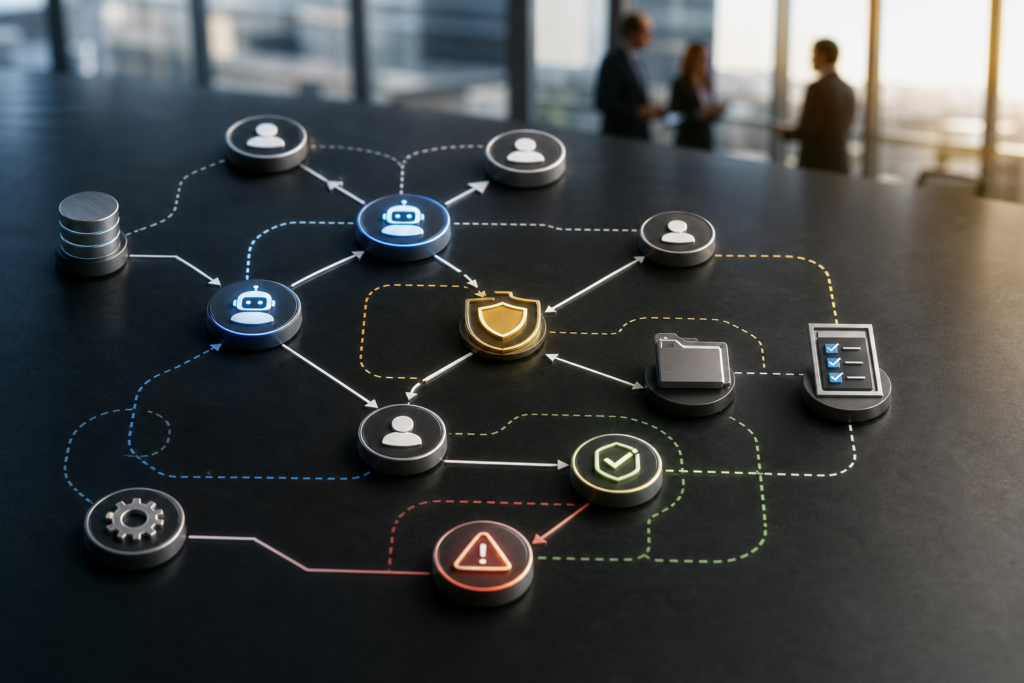 Agent-to-agent delegation accountability map showing AI agents, permission boundaries, evidence logs, human review gates, and business workflow ownership.