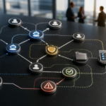 Agent-to-agent delegation accountability map showing AI agents, permission boundaries, evidence logs, human review gates, and business workflow ownership.