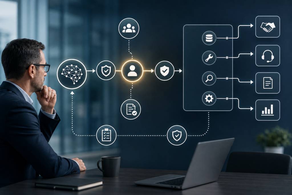 AI agent guardrails diagram showing safe permissions, approval gates, business systems, and audit logs in an AI workflow.