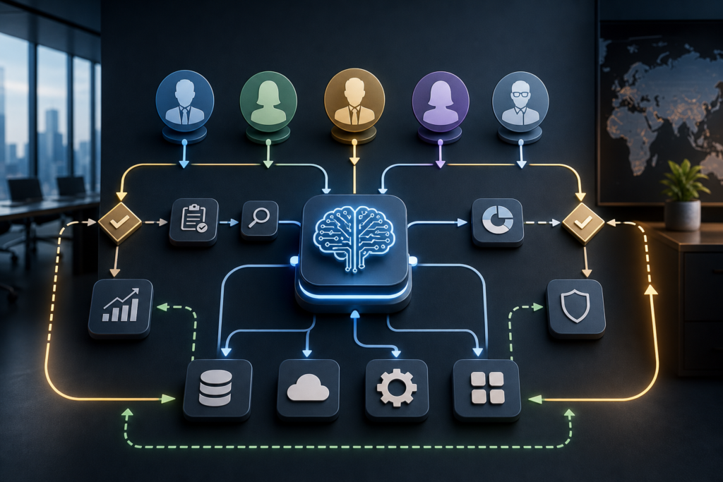 AI Change Management Is the Real Bottleneck Now 1 AI change management workflow map showing business roles, review gates, adoption metrics, and technical systems connected around an AI tool.