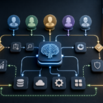 AI change management workflow map showing business roles, review gates, adoption metrics, and technical systems connected around an AI tool.