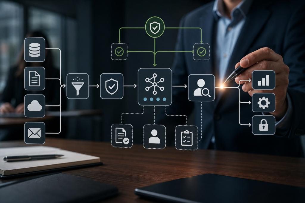 AI Data Boundaries Beat Risky Model Selection 1 AI data boundaries shown as a workflow map with data sources, retrieval filters, model access, logging, human review, and action controls.