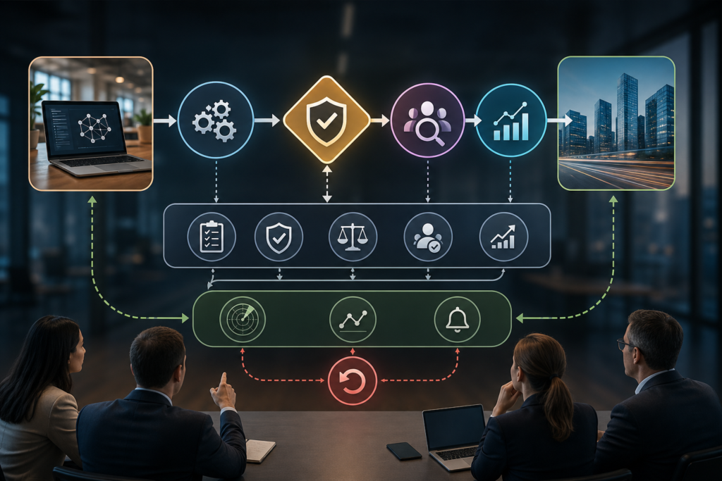 AI evals workflow gate showing demo inputs, evaluation checks, human review, production monitoring, and business decision points.