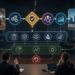 AI evals workflow gate showing demo inputs, evaluation checks, human review, production monitoring, and business decision points.