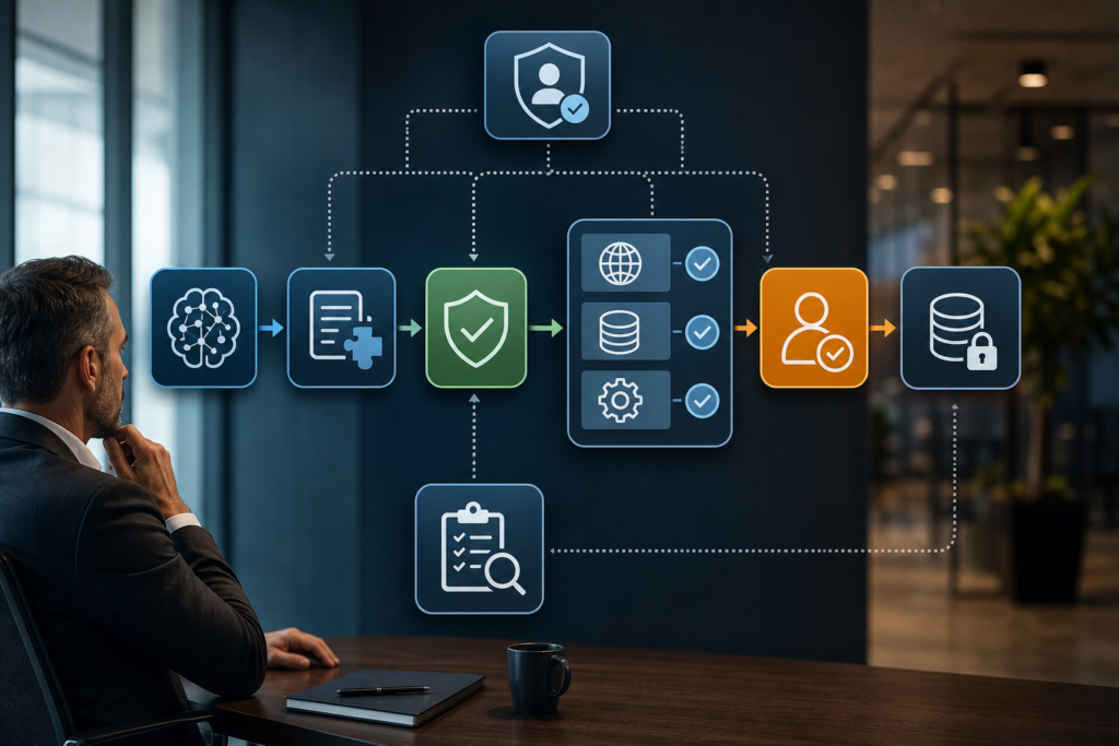 AI function calling workflow diagram showing a model request, validation layer, business tools, APIs, audit logs, and human review.