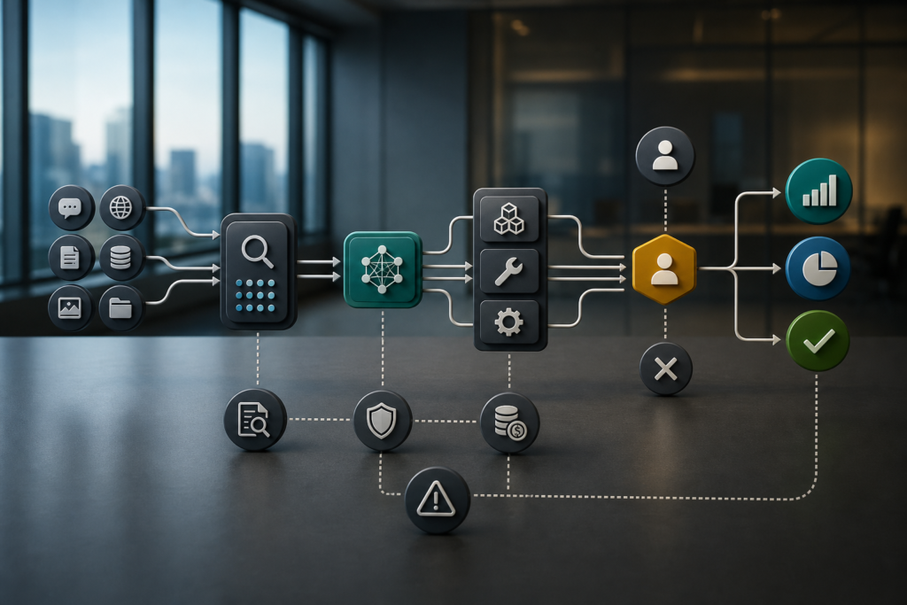 AI observability control layer diagram showing prompts, retrieval, model calls, tool calls, approvals, costs, and workflow outcomes.