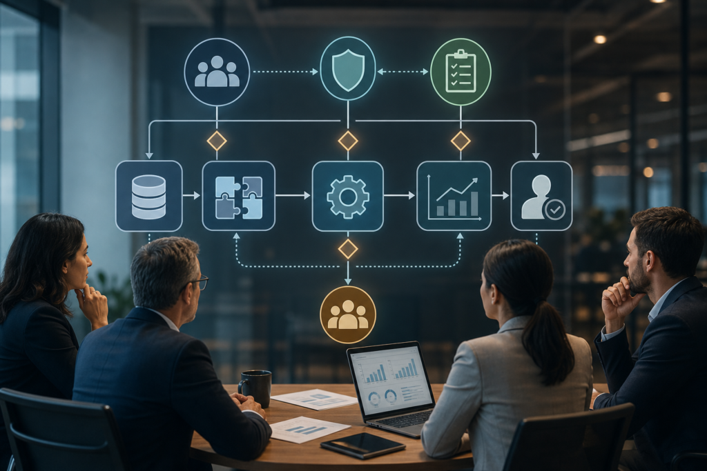 AI operating model for mid-market companies shown as a workflow map with ownership, governance, integration, evaluation, and human review points.