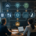 AI operating model for mid-market companies shown as a workflow map with ownership, governance, integration, evaluation, and human review points.