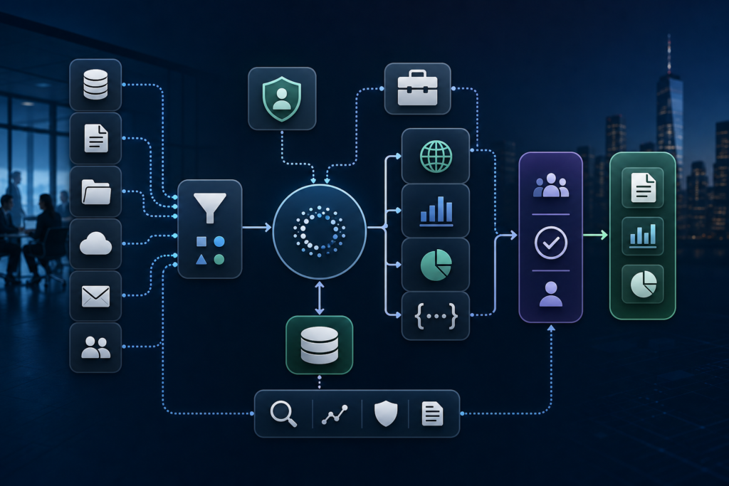 Context engineering for enterprise AI shown as a workflow map with data sources, permissions, tools, memory, human review, and audit logs.
