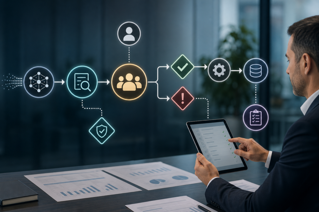 Human-in-the-Loop AI Workflows: Reliable Approval Systems 1 Human-in-the-loop AI workflows approval system showing AI proposals routed through validation, human review, escalation, and audit logs.