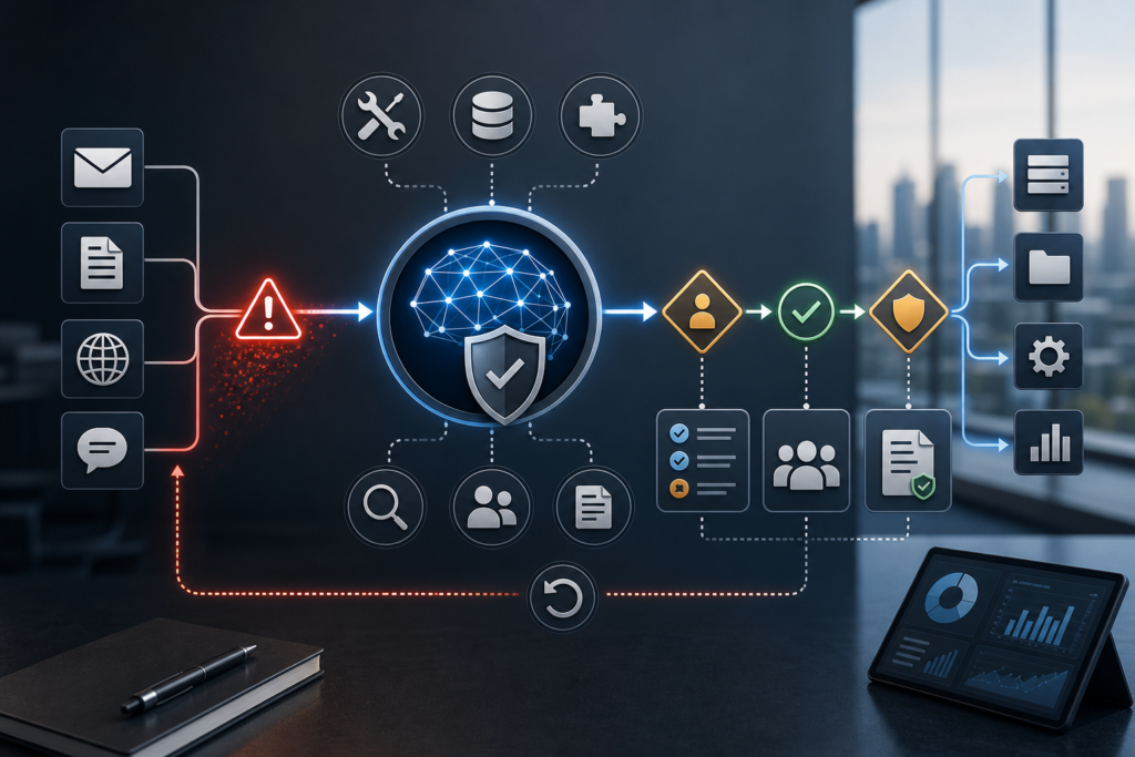 Workflow control diagram showing prompt injection business risk across untrusted content, AI tools, approval gates, and audit logs.