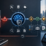 Workflow control diagram showing prompt injection business risk across untrusted content, AI tools, approval gates, and audit logs.
