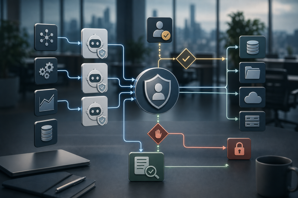 AI Agent Identity for Safe Enterprise Access 1 AI agent identity workflow control map showing non-human identity, scoped access, approval gates, audit trails, and revocation paths.