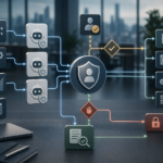 AI agent identity workflow control map showing non-human identity, scoped access, approval gates, audit trails, and revocation paths.