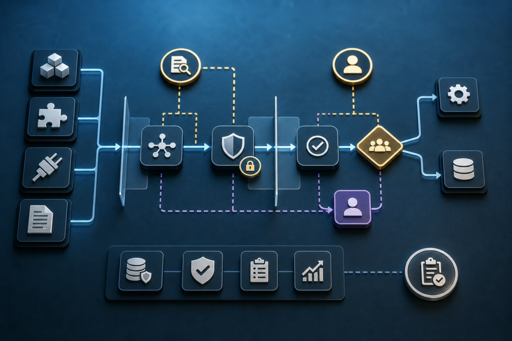 AI supply chain risk workflow map showing agent skills, connectors, permission gates, provenance checks, and human review points.