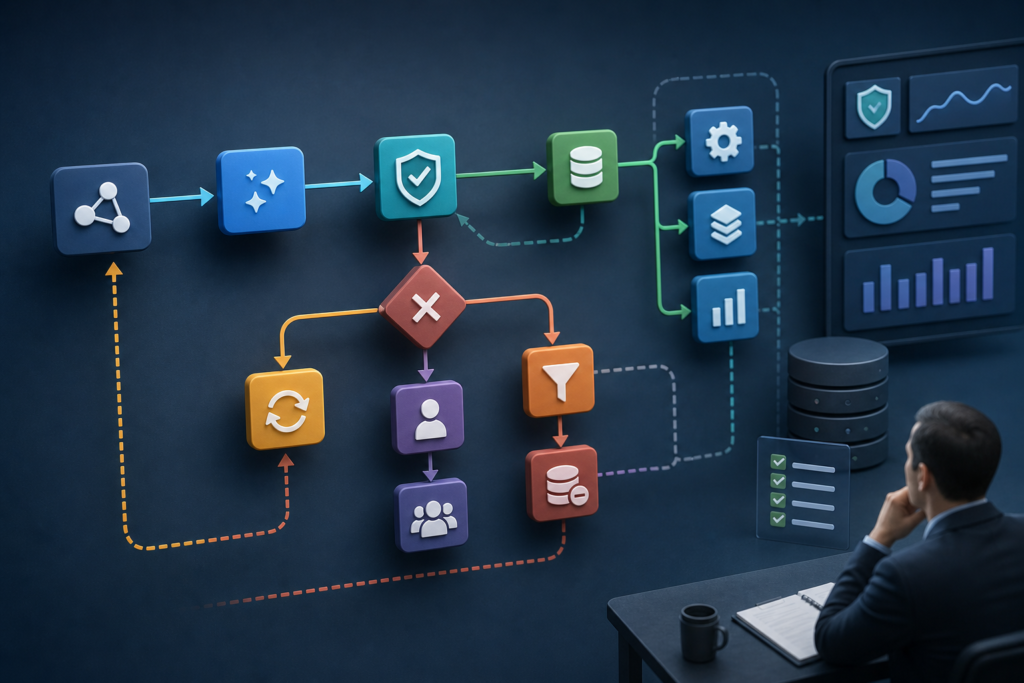 AI workflow exception handling diagram showing retries, validation, human review, dead-letter queue, and recovery paths.